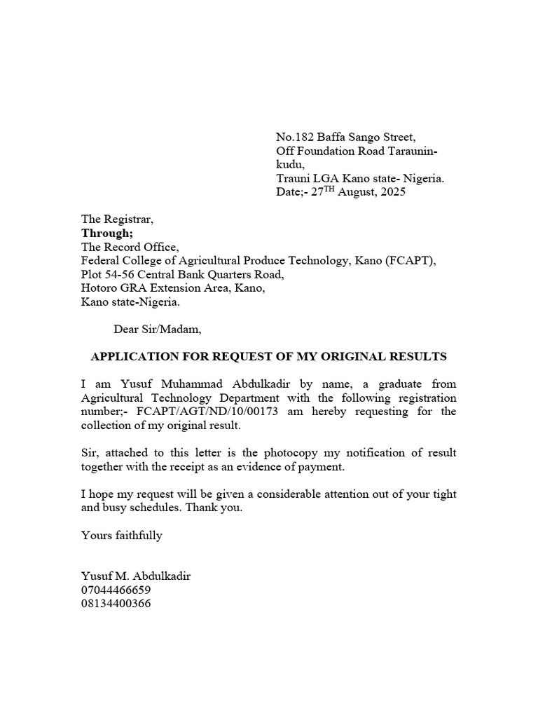 Request for Original Results at FCAPT | PDF