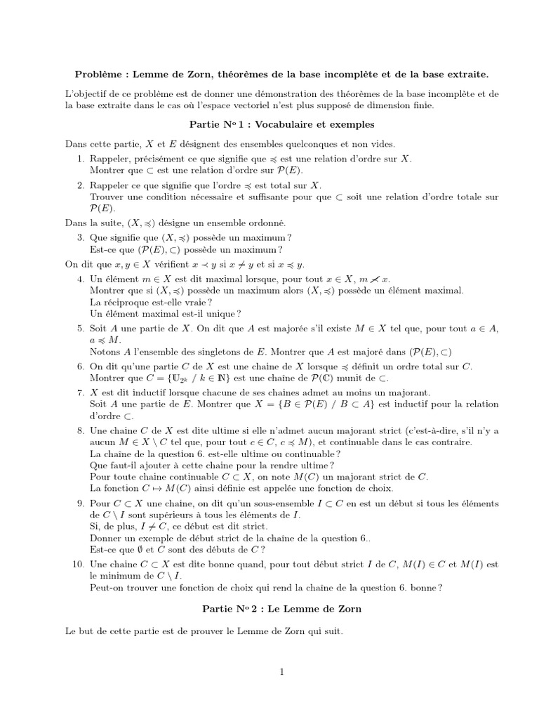 Lemme de Zorn et théorèmes de base PDF Base (algèbre linéaire — free download