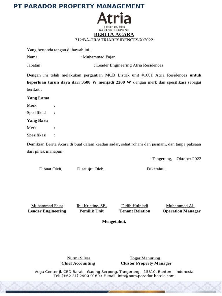 Unit 1601-Berita Acara Pergantian MCB Unit 1601-04-Oktober-2022 | PDF