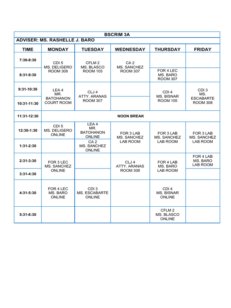 BSCRIM Class Schedule Overview | PDF