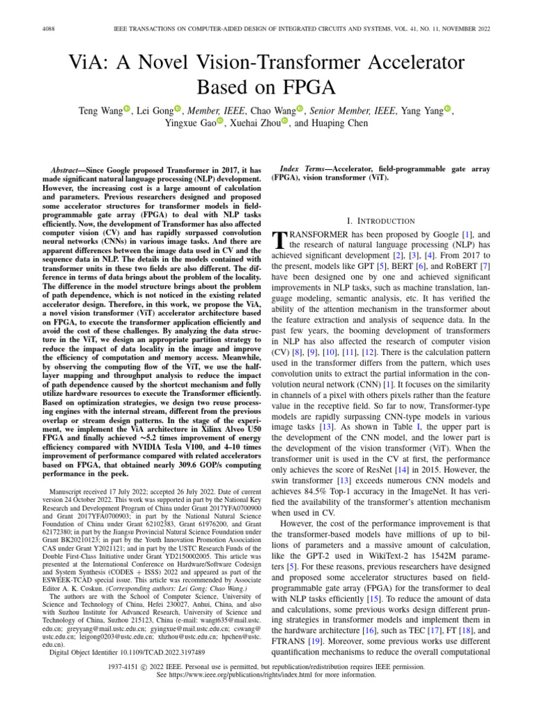 ViA: FPGA-Based Vision Transformer Accelerator | PDF | Computing ...