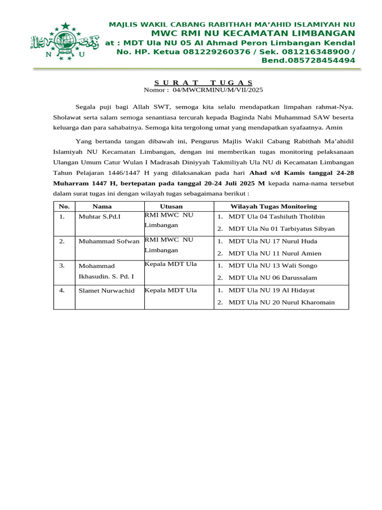Surat Tugas Monitoring Uuc I Tp. 1446-1447 H | PDF