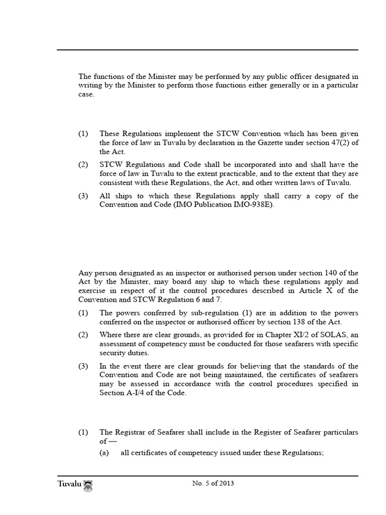 Tuvalu STCW Convention Regulations 2010 | PDF | Justice | Crime & Violence