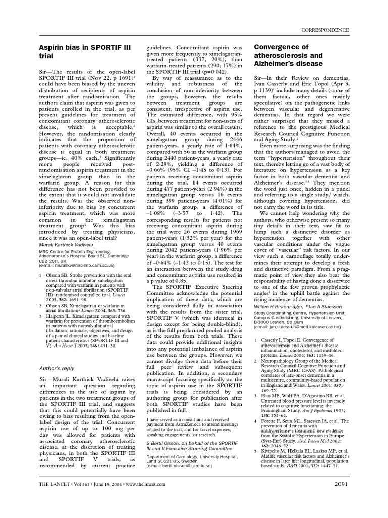 Aspirin Bias in SPORTIF III Trial Lancet 14 | PDF | Dementia | Aspirin