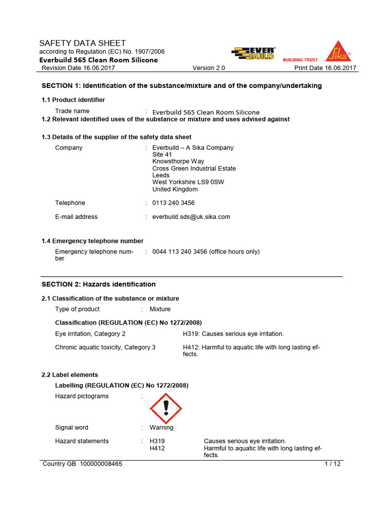 565 Clean Room Silicone Rev 2 | PDF | Toxicity | Dangerous Goods