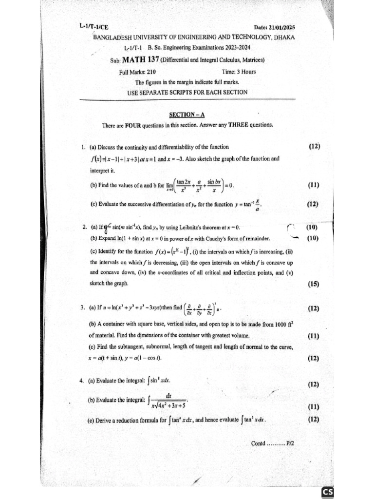 MATH-137-TFQ PDF On Matrices, Differentiation and Integration and ...