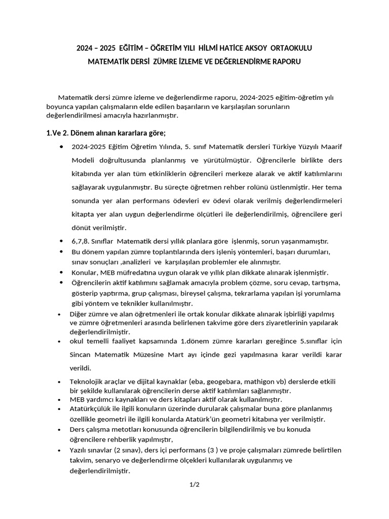 Matematik Dersi Zümre İzleme Ve Değerlendirme Raporu | PDF