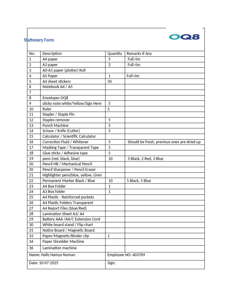 Office Stationery Supply List | PDF