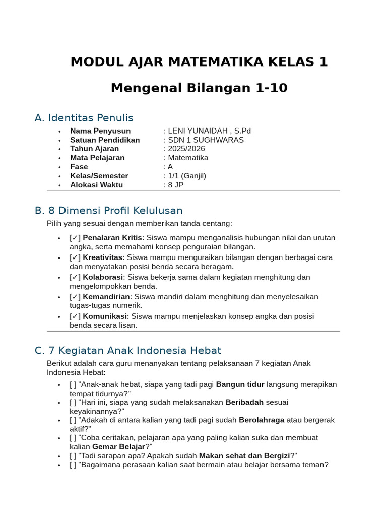 Modul Ajar Matematika Kelas 1 | PDF