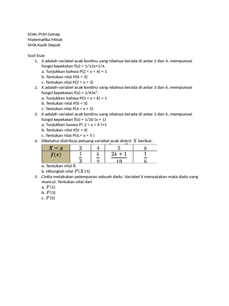 Soal Matematika Variabel Acak SMA | PDF