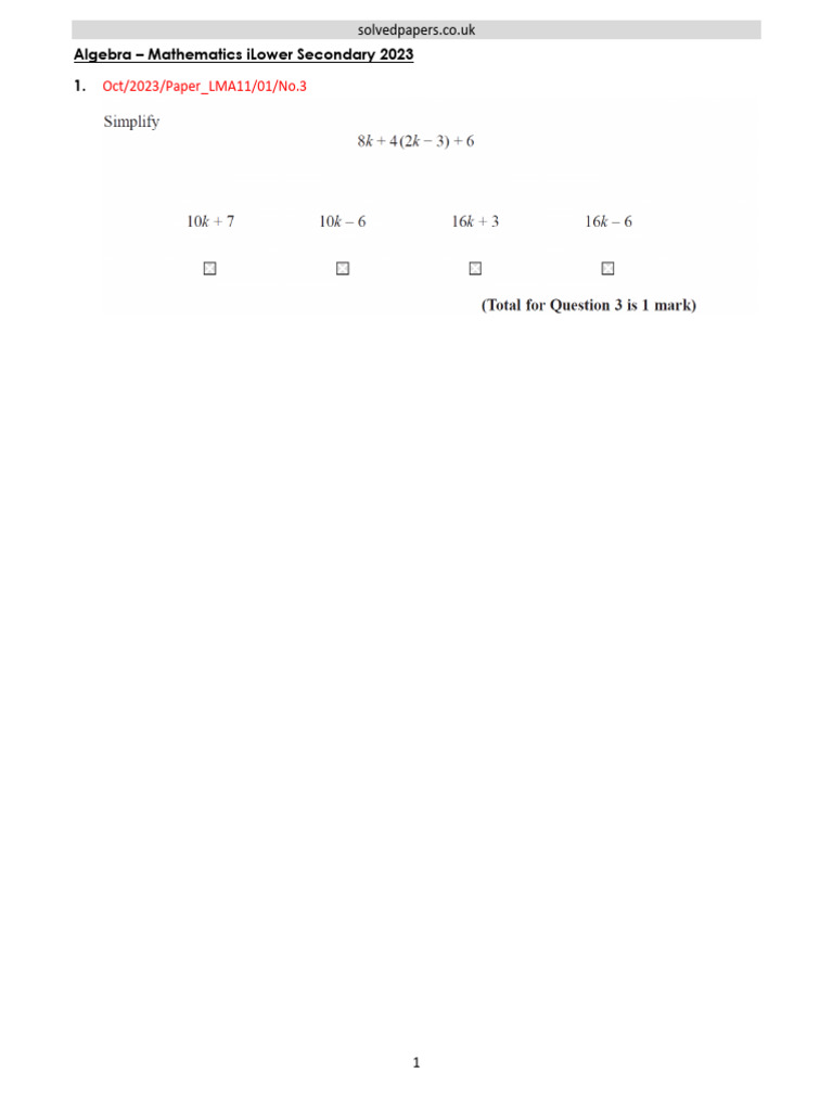 Algebra iLower Secondary Papers 2023 | PDF