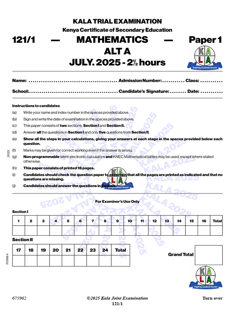 KCSE 2025 Mathematics Paper 1 Exam | PDF | Area | Geometry