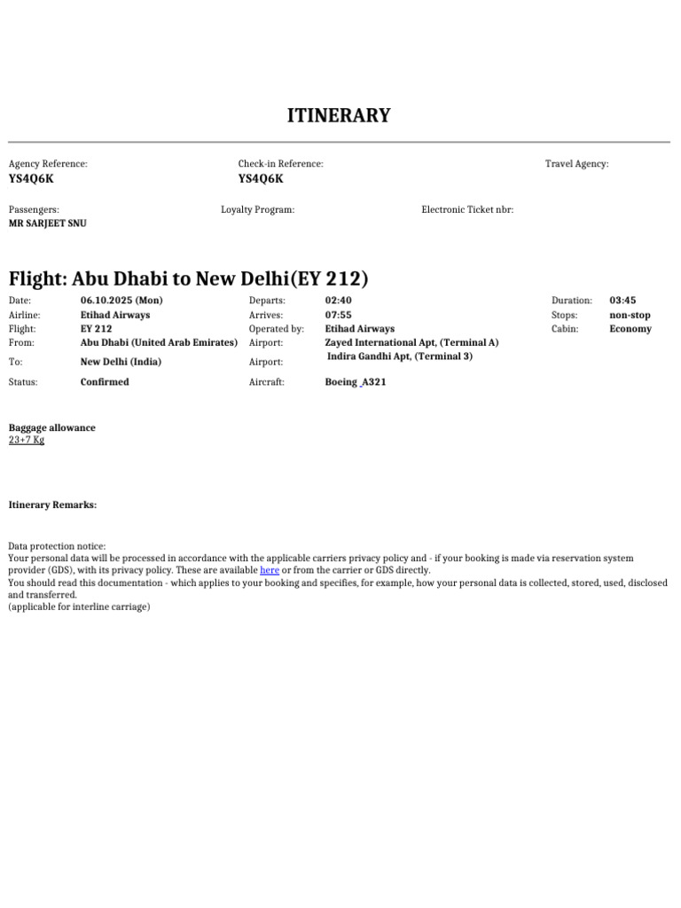 EY 212 Flight Itinerary Confirmation | PDF