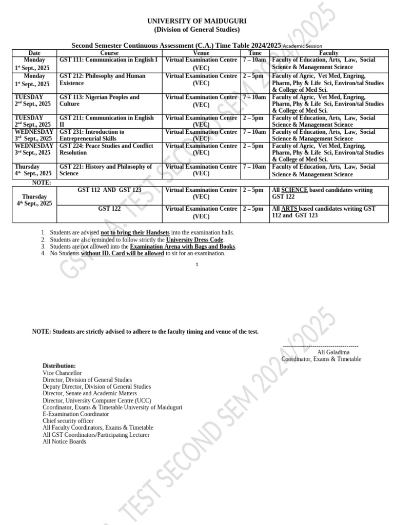 UNIMAID 2024/2025 Exam Timetable | PDF | Educational Stages ...