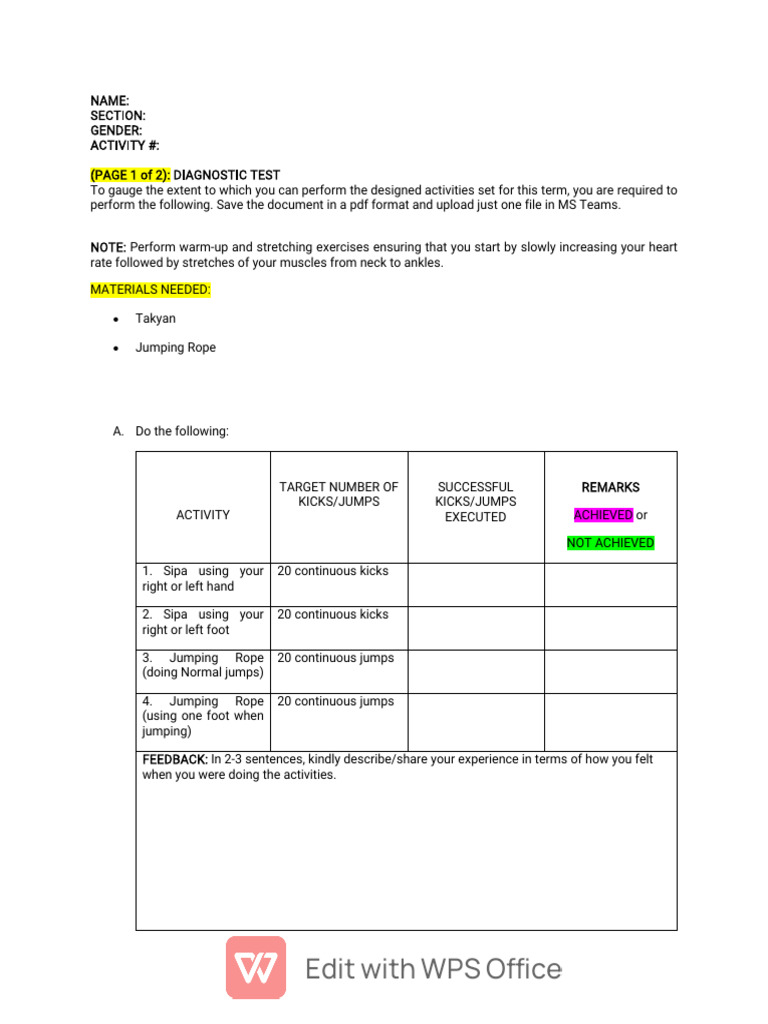 Diagnostic Test for Physical Activities | PDF
