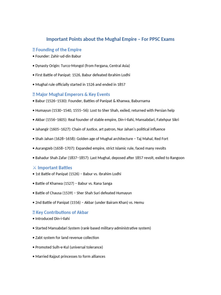 Mughal Empire PPSC Notes | PDF | Mughal Empire