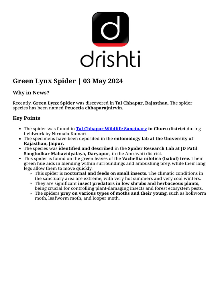 State Pcs Current Affairs Green Lynx Spider Print Manually | PDF