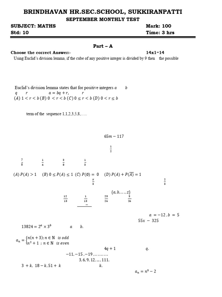 10th Grade Maths September Test Paper | PDF | Prime Number | Mathematics