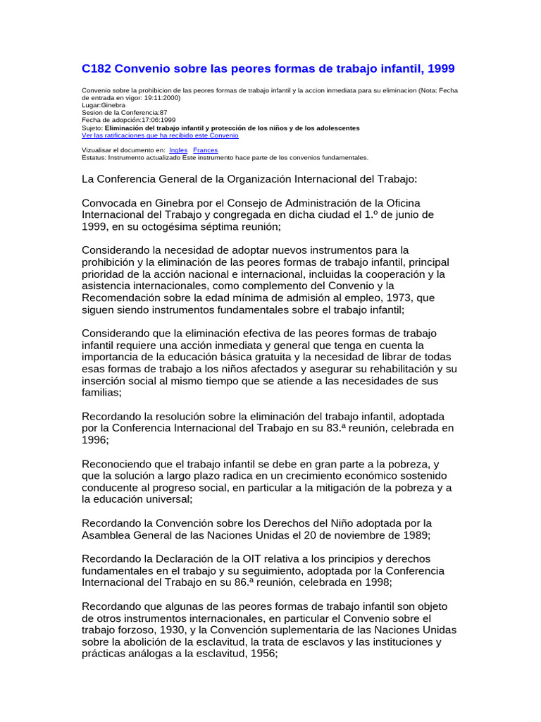 C182 Convenios Sobre Las Peores Formas de Trabajo Infantil | PDF ...