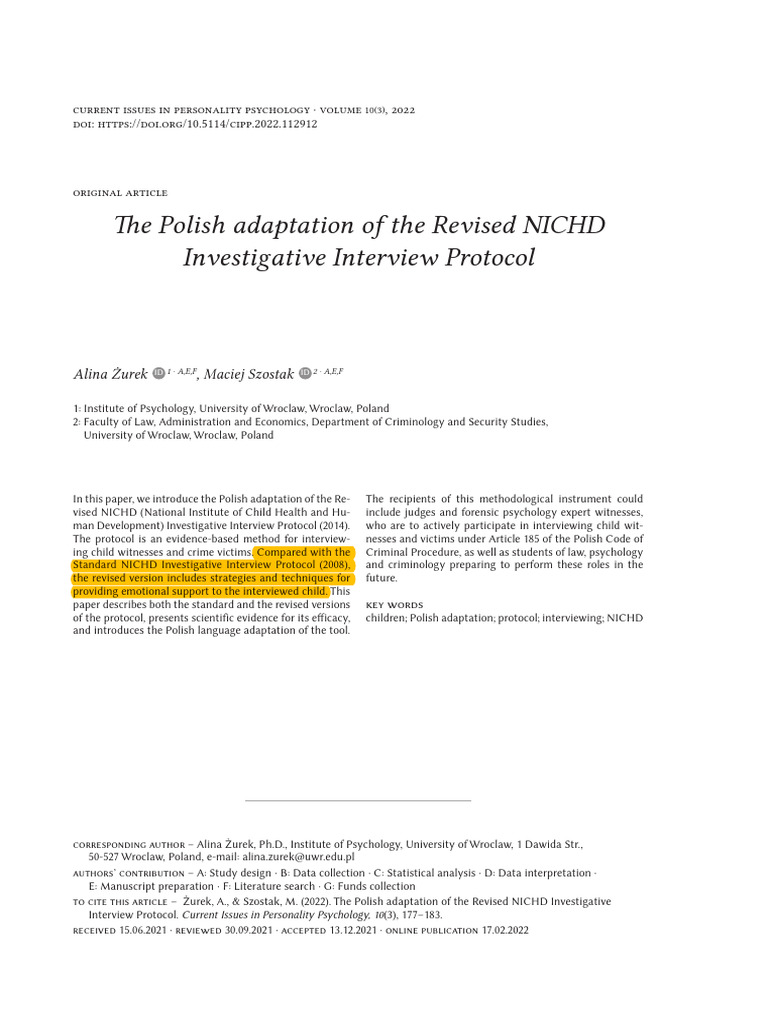 T He Polish Adaptation of The Revised NICHD Investigative Interview ...