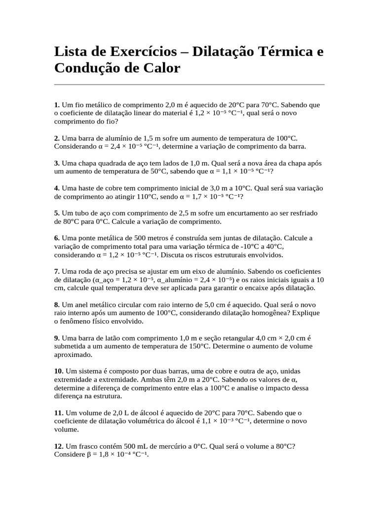 Exercícios sobre Dilatação e Calor | PDF | Expansão térmica ...
