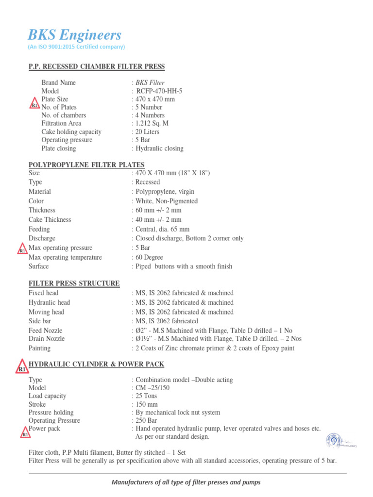 BKS Recessed Chamber Filter Press RCFP-470 | PDF