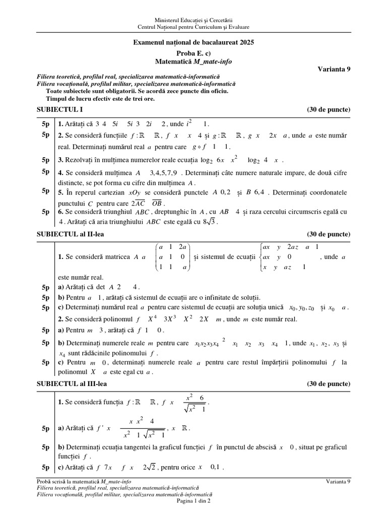 Subiectele La Matematică, Profilul Mate-Info | PDF