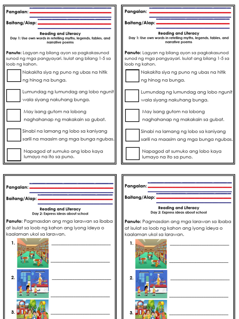 Pangalan: Baitang/Alap: Pangalan: Baitang/Alap:: Reading and Literacy ...