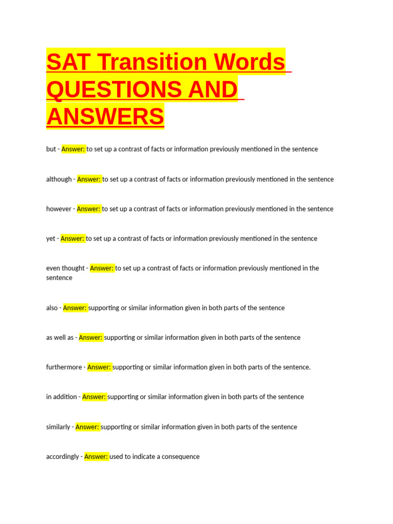 SAT Transition Words Guide | PDF | Linguistics
