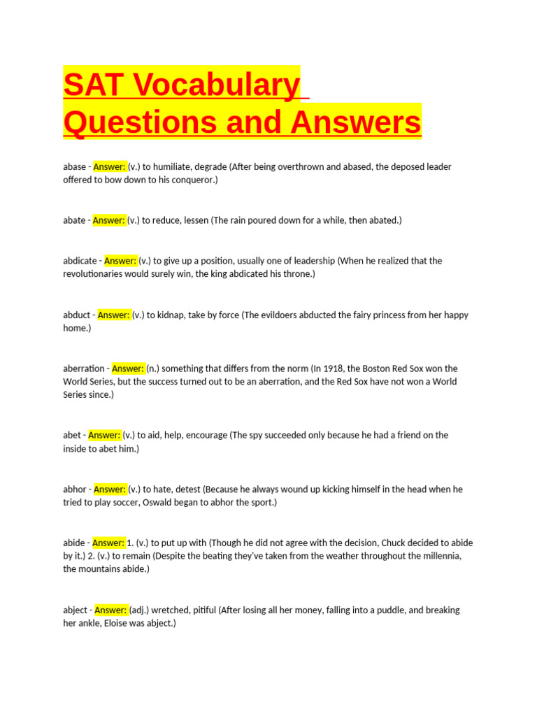 SAT Vocabulary Questions and Answers | PDF