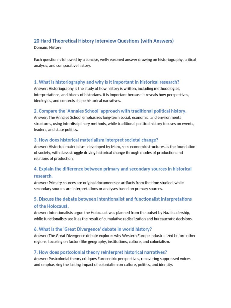 Hard Theoretical History Interview Questions | PDF | Narrative ...