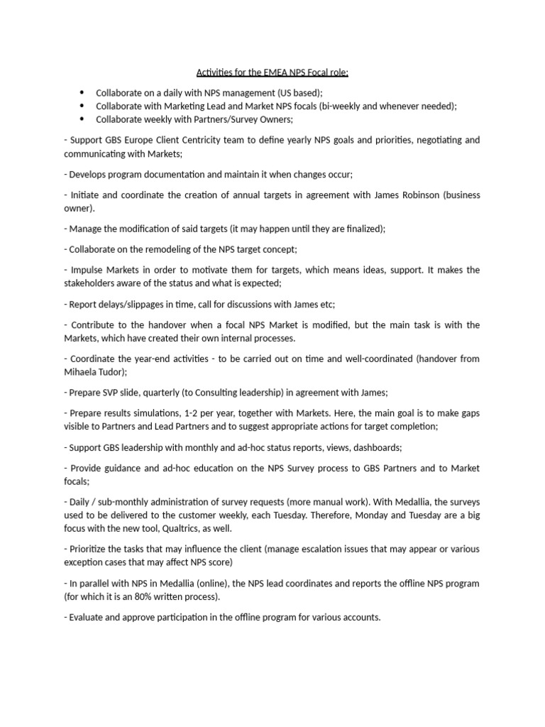 Activities For The EMEA NPS Focal Role | PDF