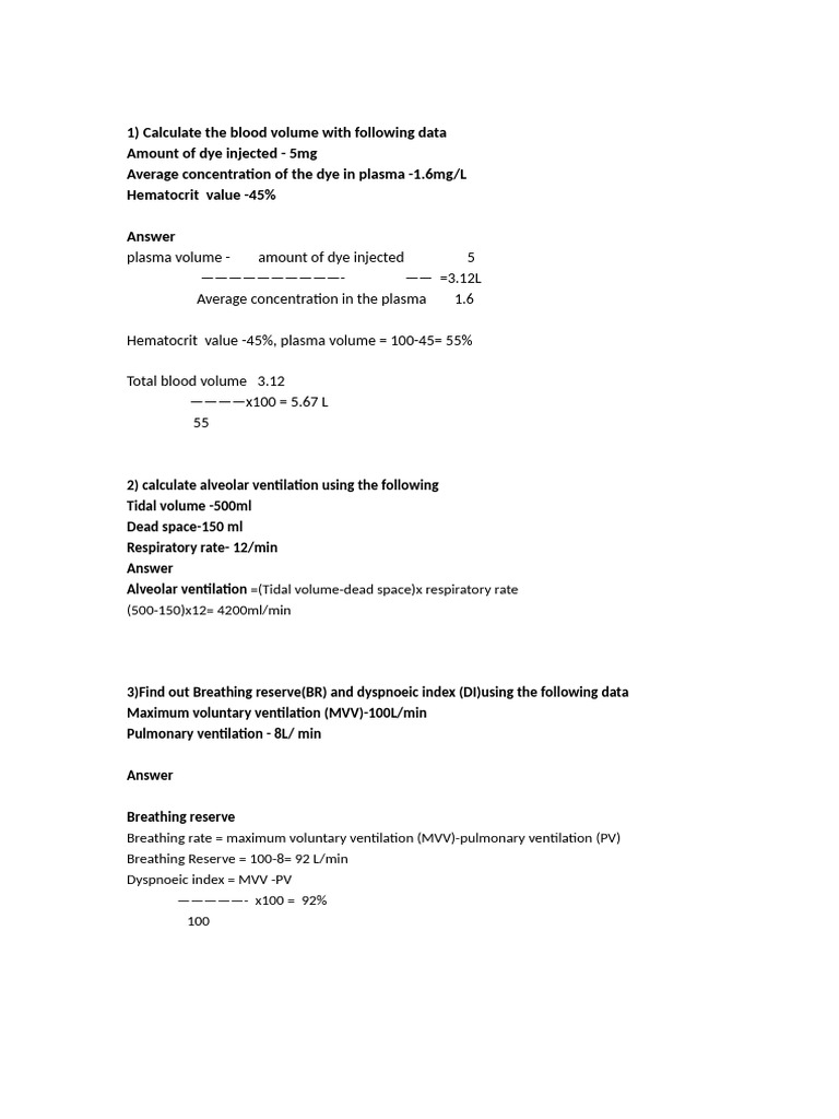 Physiological Calculations and Formulas | PDF | Physiology