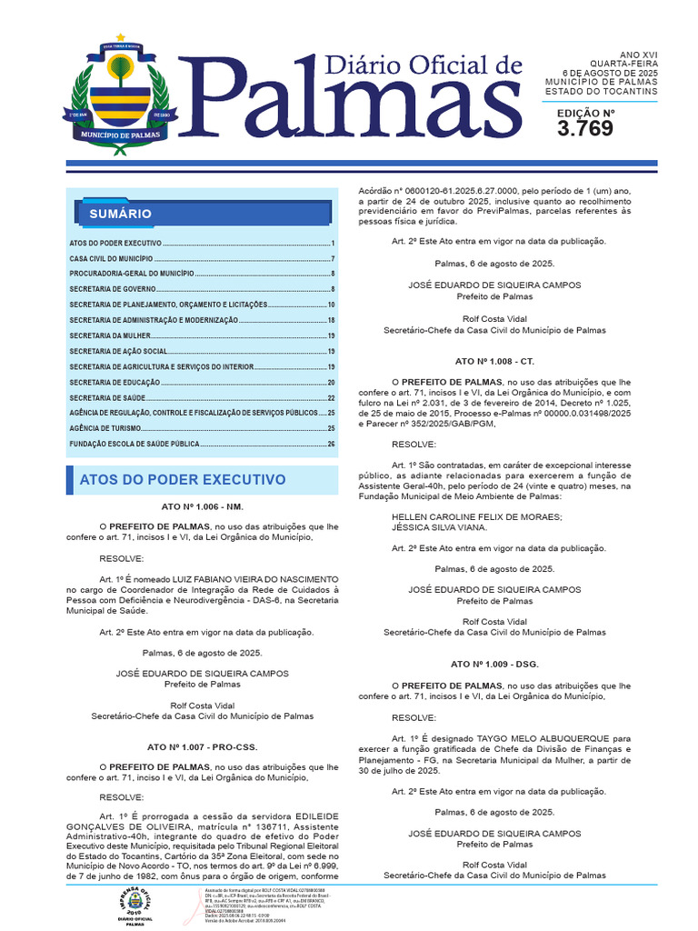 Atos do Poder Executivo de Palmas - 2025 | PDF | Governo