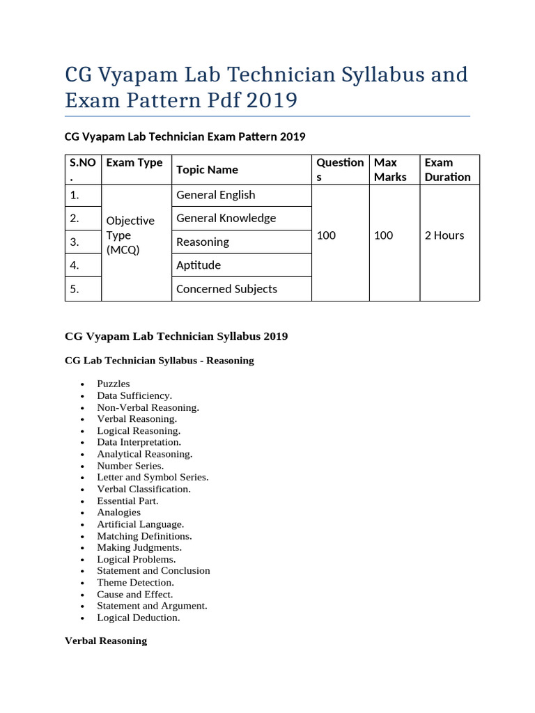 CG Vyapam Lab Technician Syllabus 2019 | PDF | Reason | Logic