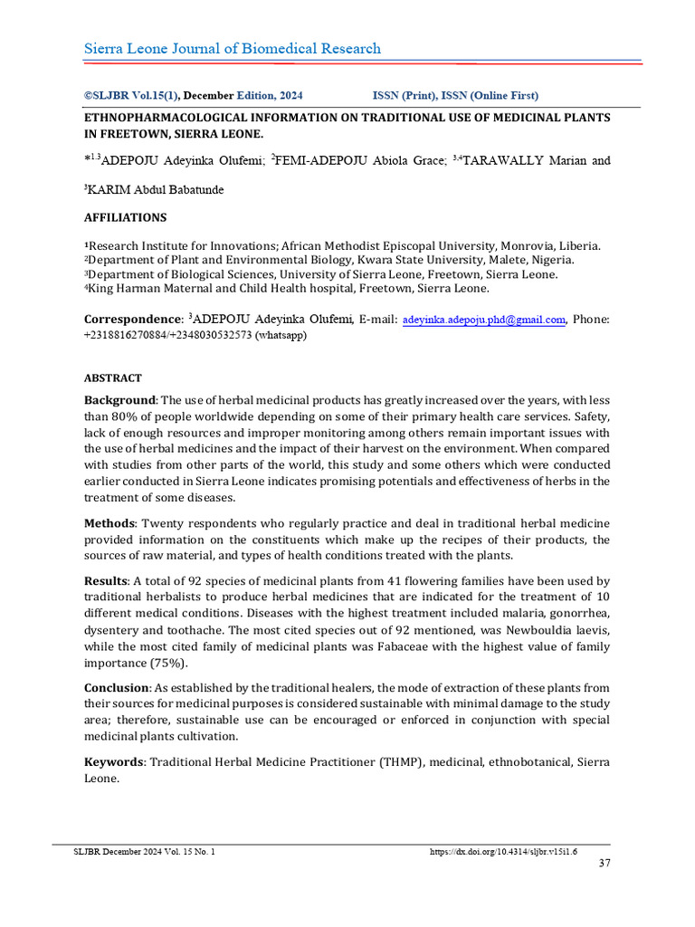 Ethnopharmacology of Medicinal Plants in Freetown | PDF | Traditional ...
