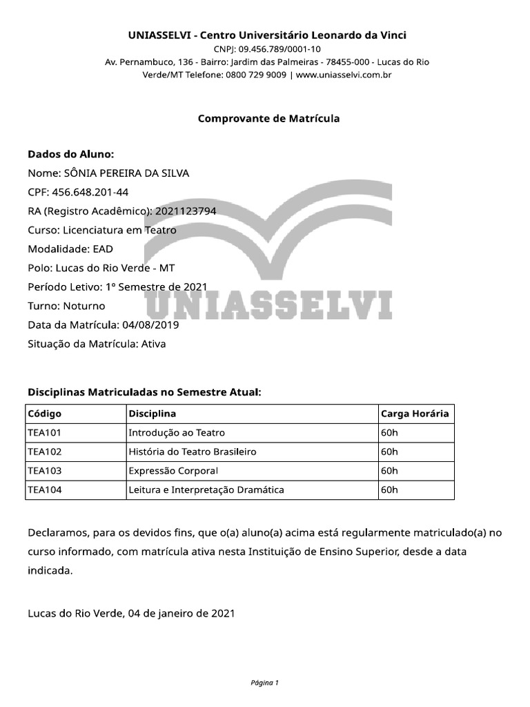 Comprovante Matricula UNIASSELVI Sonia | PDF
