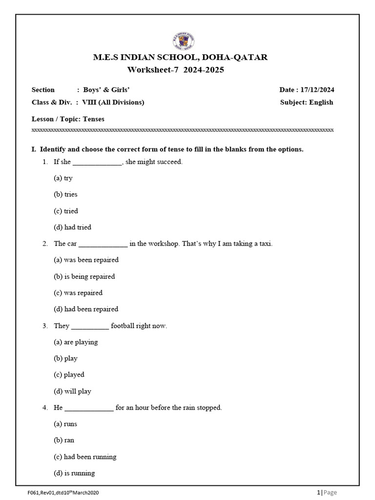 English Tenses Worksheet for Class VIII | PDF | Chess Theory | Chess