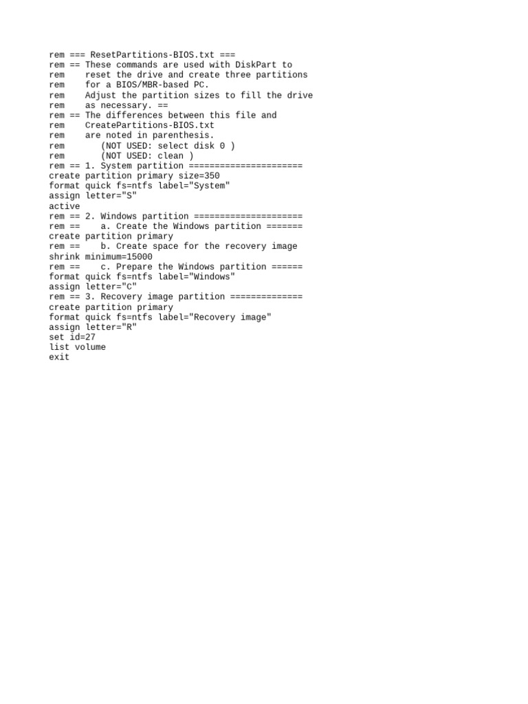 BIOS Partitioning Commands Guide | PDF
