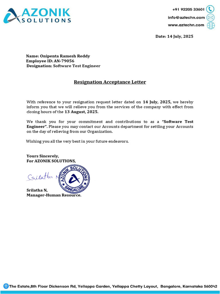 Resignation Acceptance Letter Sample | PDF