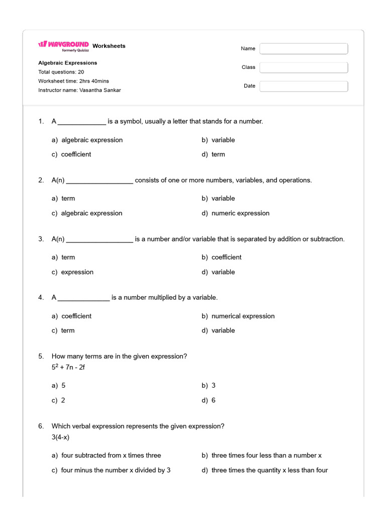 Class 8 Algebraic Expressions Quiz | PDF | Numbers | Variable (Mathematics)