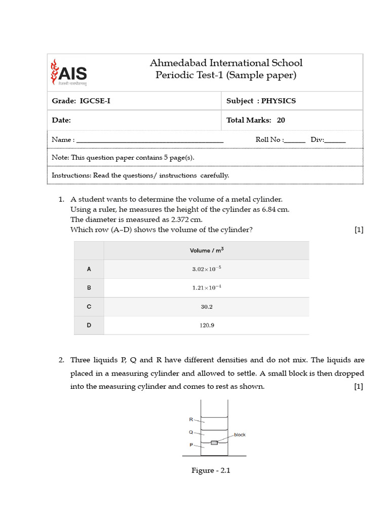 IGCSE Physics Sample Test Paper | PDF | Density | Volume