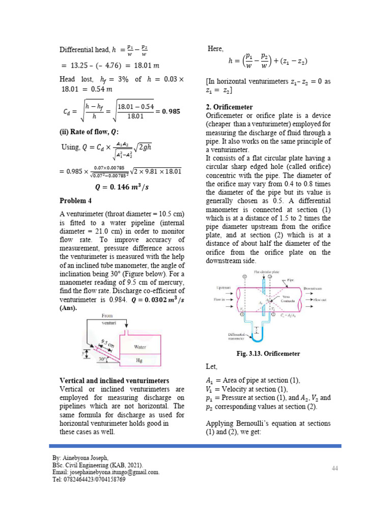 BCE 2103 Module III Part II Notes | PDF | Flow Measurement | Pressure