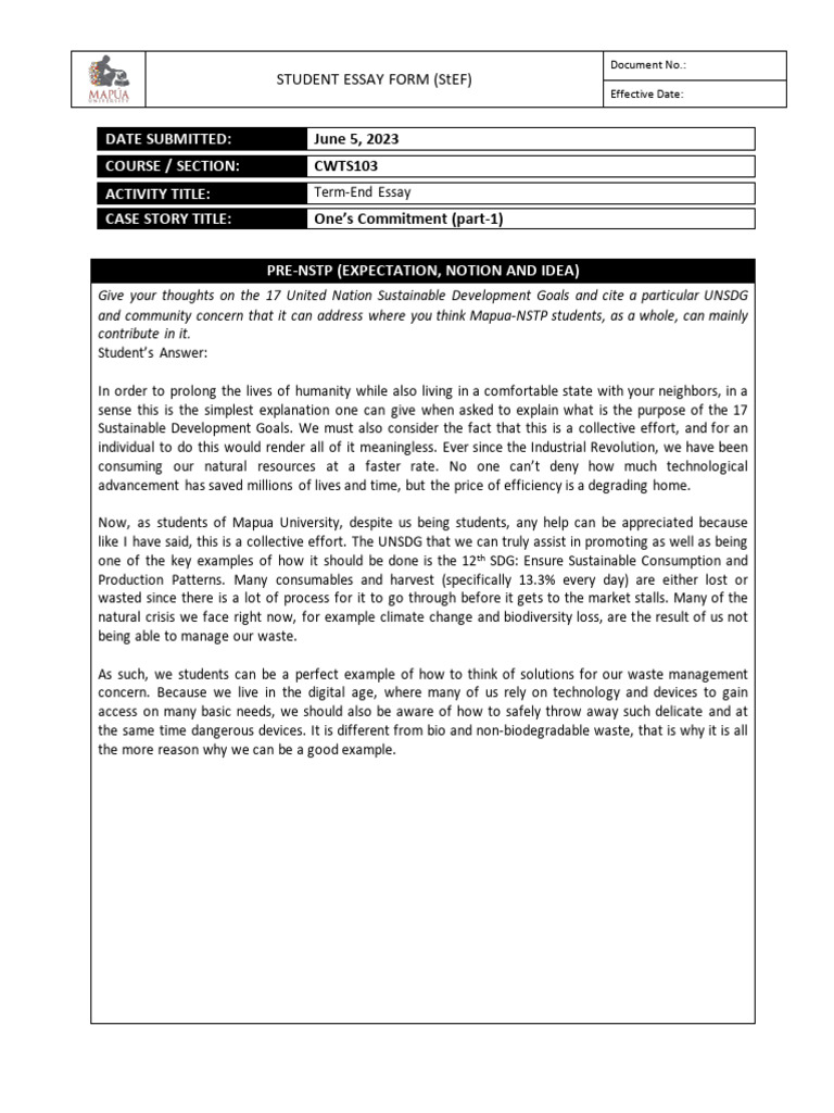 Mapua NSTP Student Essay on UNSDG 12 | PDF | Sustainable Development ...