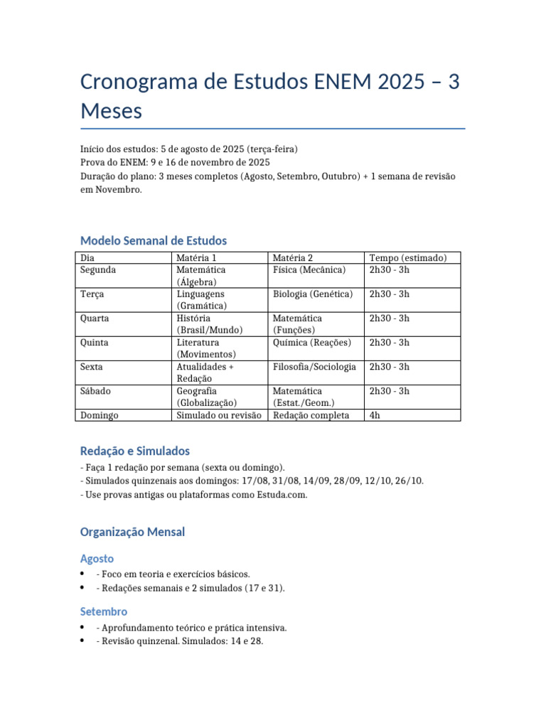 Cronograma ENEM 2025: 3 Meses de Estudo | PDF