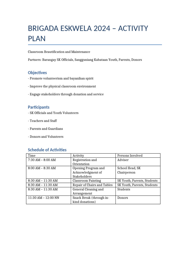 Brigada Eskwela 2024 Activity Plan | PDF