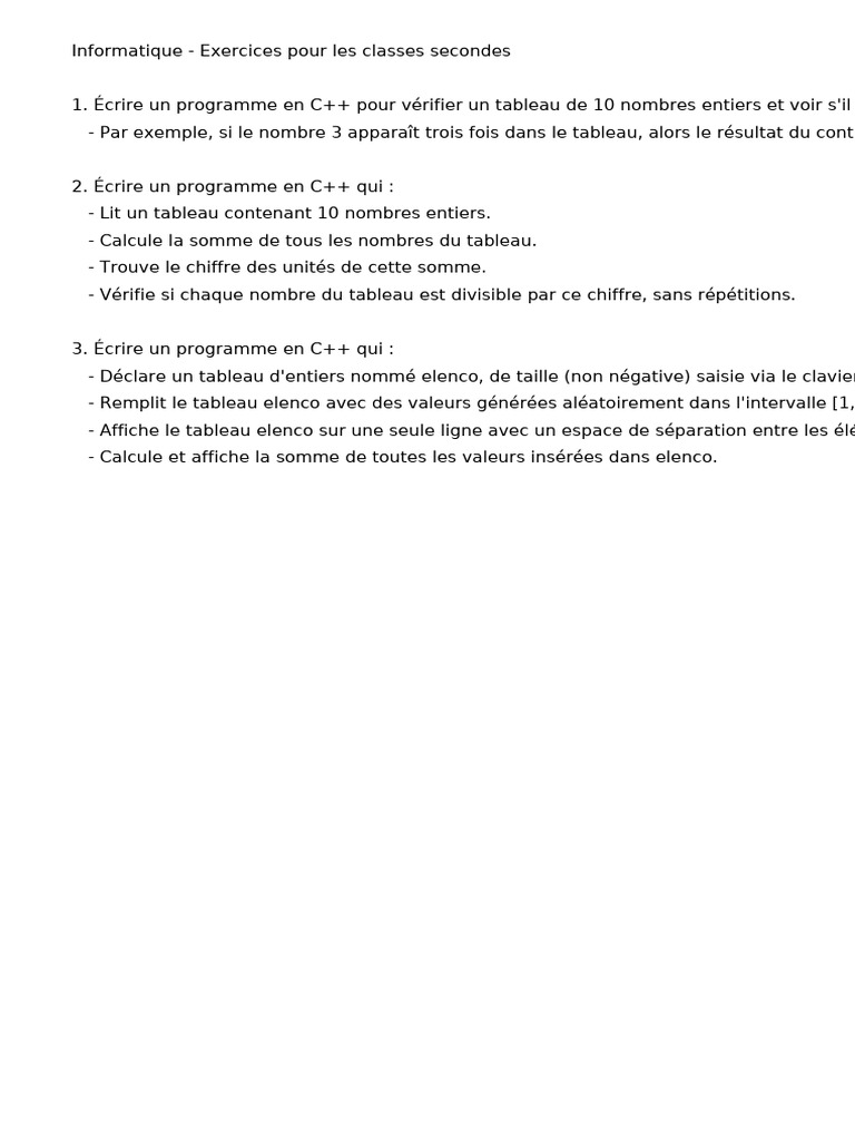 Exercices C++ pour classes secondes | PDF