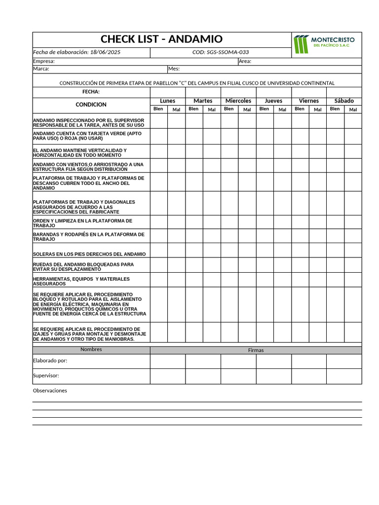 Checklist de Seguridad para Andamios | PDF | Andamio