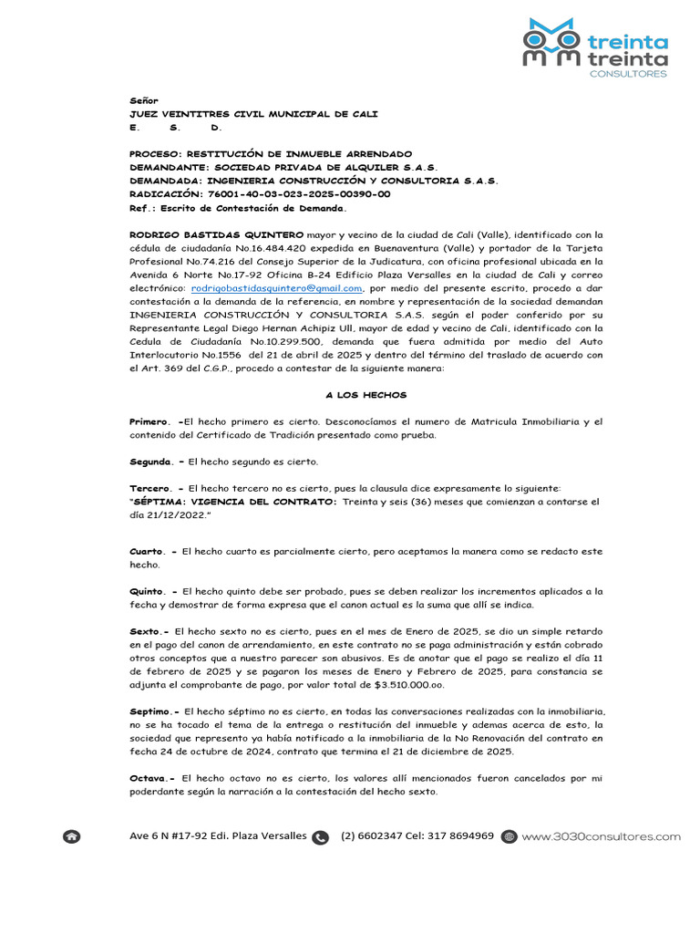 1.-Escrito Contestación Demanda Verbal de Restitución Diego Hernan ...