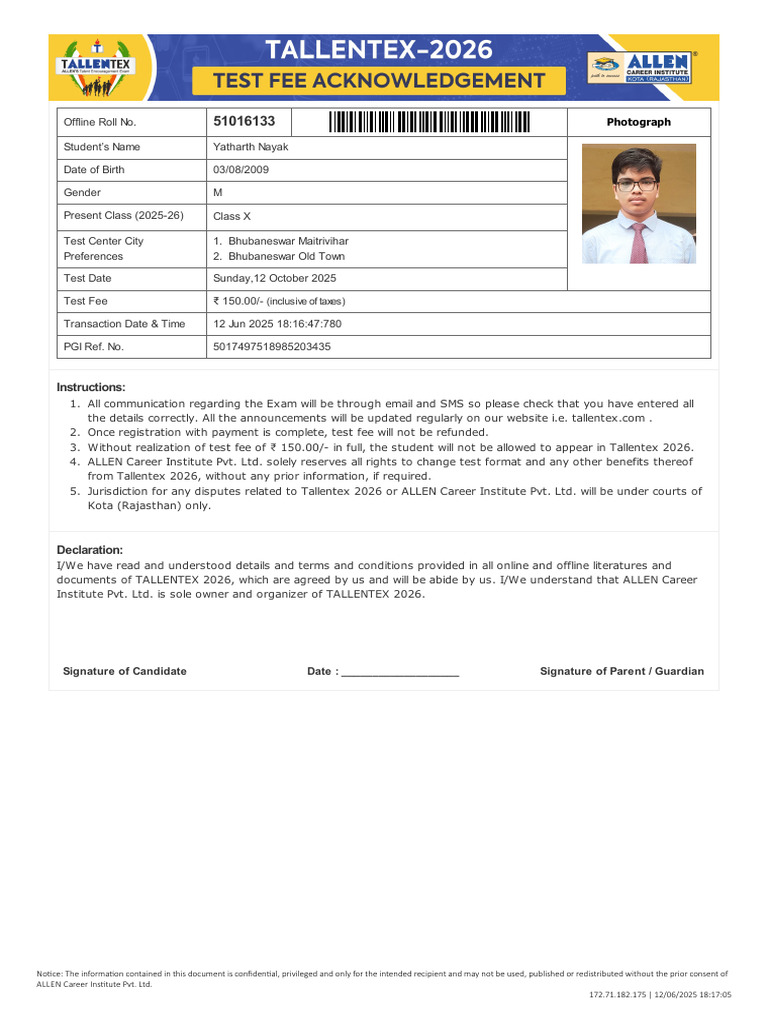 Tallentex 2026 Exam Details and Instructions | PDF | Payments